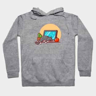 Cute Cat Sleeping On Laptop With Apple And Cactus Cartoon Vector Icon Illustration Hoodie